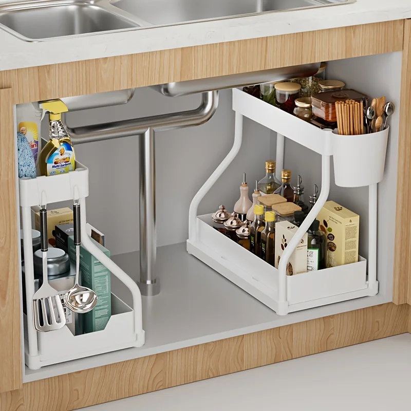 Storage Organizer - 2-Tier Pull-Out for Kitchen & Bathroom Essentials & Drawer