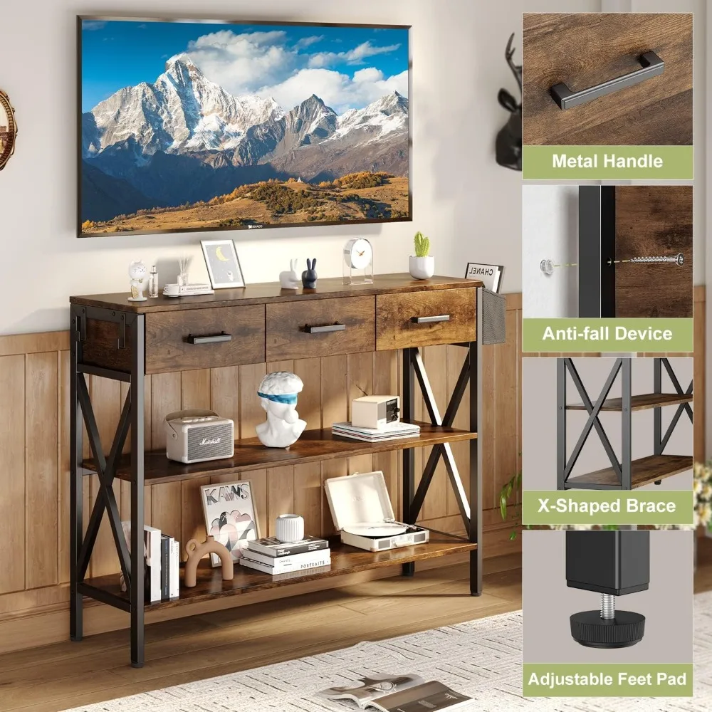 47" Console Table with 3 Drawers, Industrial Entryway Table with 3 Tier Storage Shelves 6