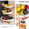 3 Tier Ceramic Fruit Bowl With Bamboo Wood Stand for Kitchen Counter,Porcelain Fruit Basket for Fruit Storage,Snack Dessert 3
