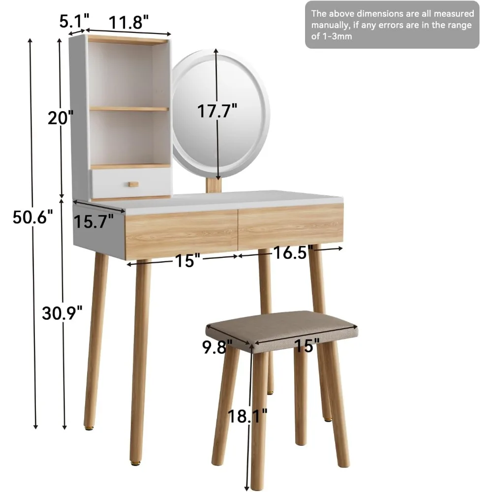 Makeup Vanity Desk with Lights, Small Vanity with Adjustable Brightness Mirror, Desk Drawers and Storage Shelves