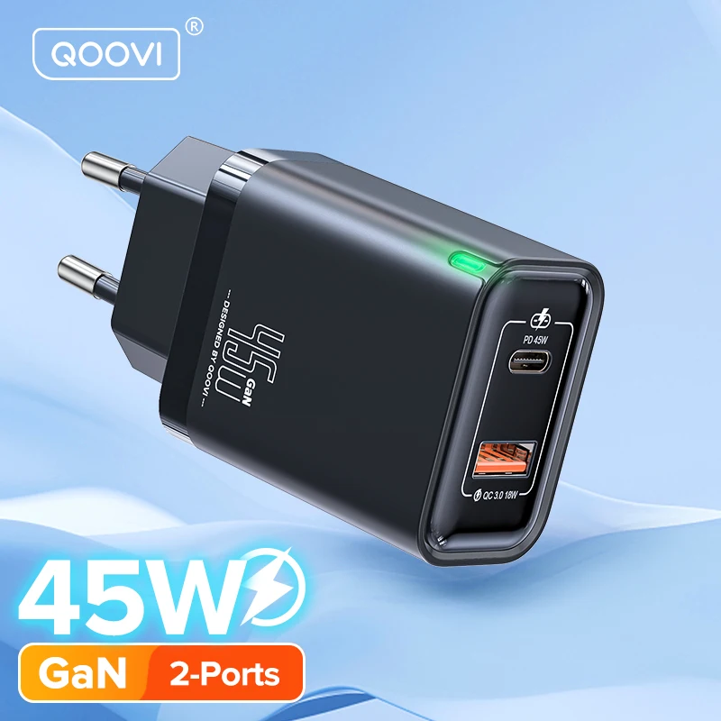 

QOOVI GaN 45W USB Charger Fast Charging USB Type C Wall Charger PD QC3.0 Quick Charge For iPhone Samsung S23 S21 Laptop Tablet