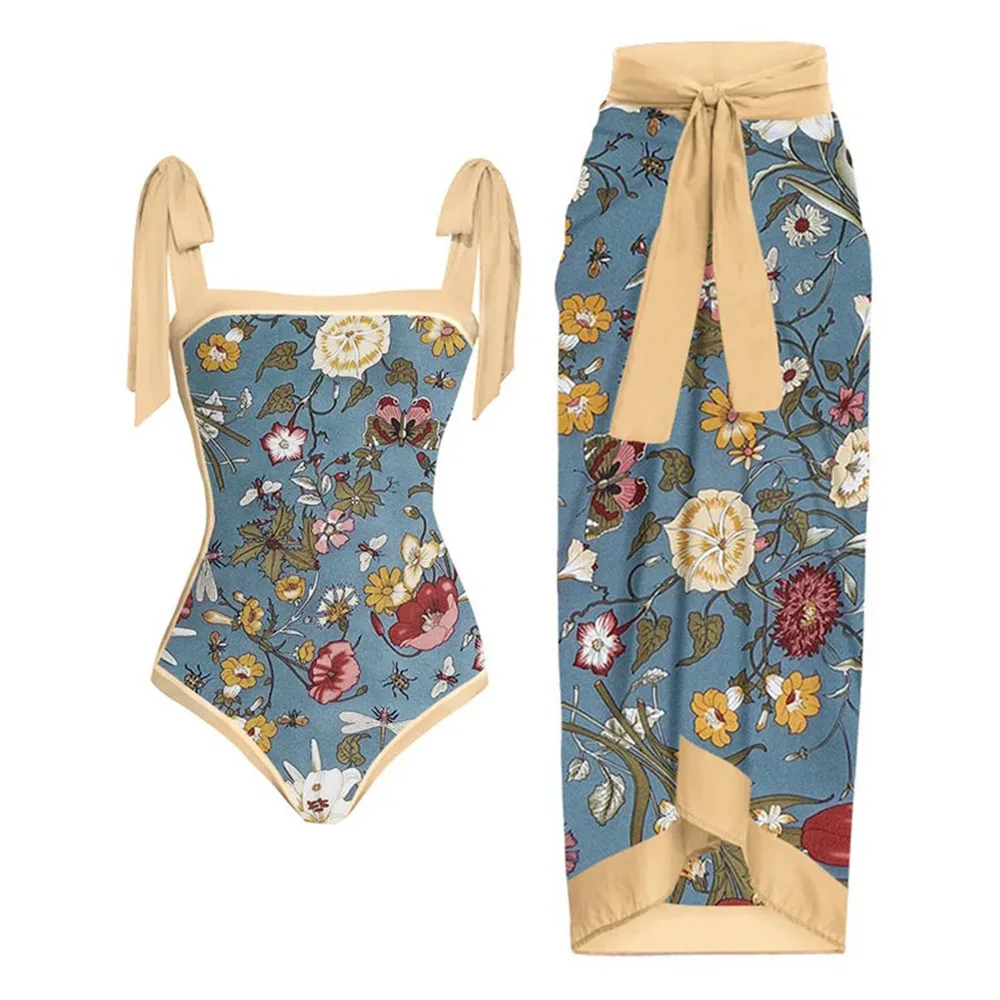 New French Retro Bikini Printed One-piece Swimsuit Female Hot Spring Vacation Beach Skirt Two-piece Swimwear Summer Beach Cover