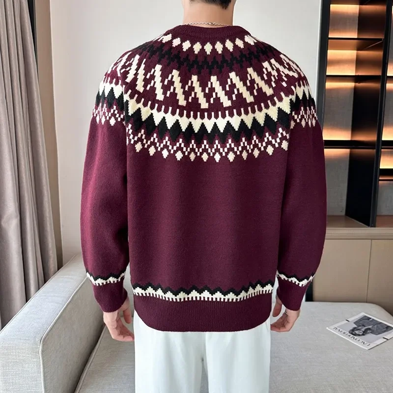 National Style Mens Sweaters Fancy Graphics Contrast O-Neck Knitted Pullovers Autumn Winter Top Long Casual Jumper for Man