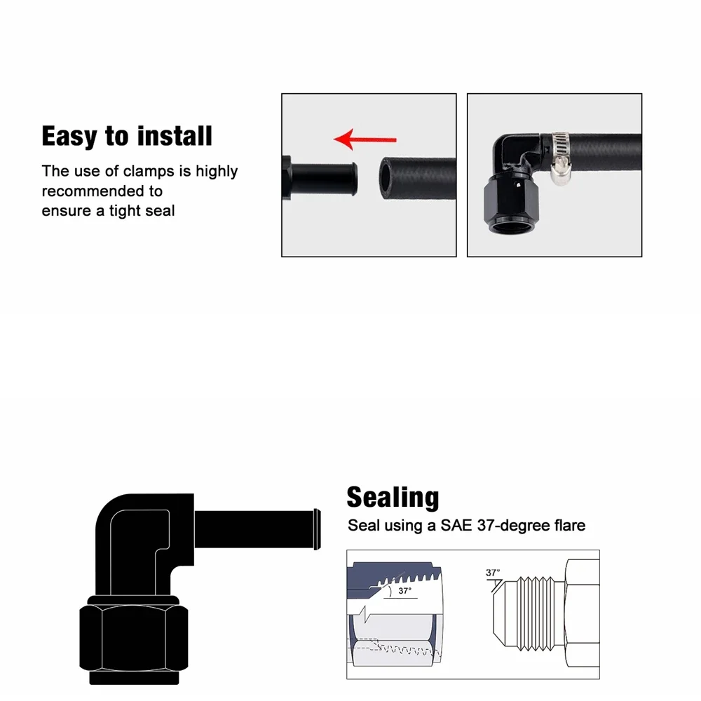 6AN Female to 5/16" and 3/8" Barb Hose Fitting 90 Degree Swivel