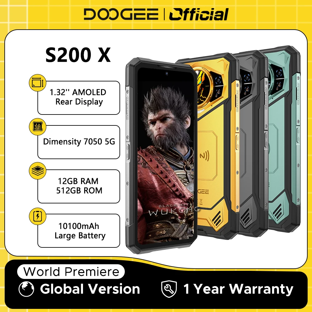 Global Version DOOGEE S200 X 5G Rugged Phone MTK Dimensity 7050 12GB RAM 512GB ROM AI Triple camera 6.72” FHD+ 120Hz 10100mAh