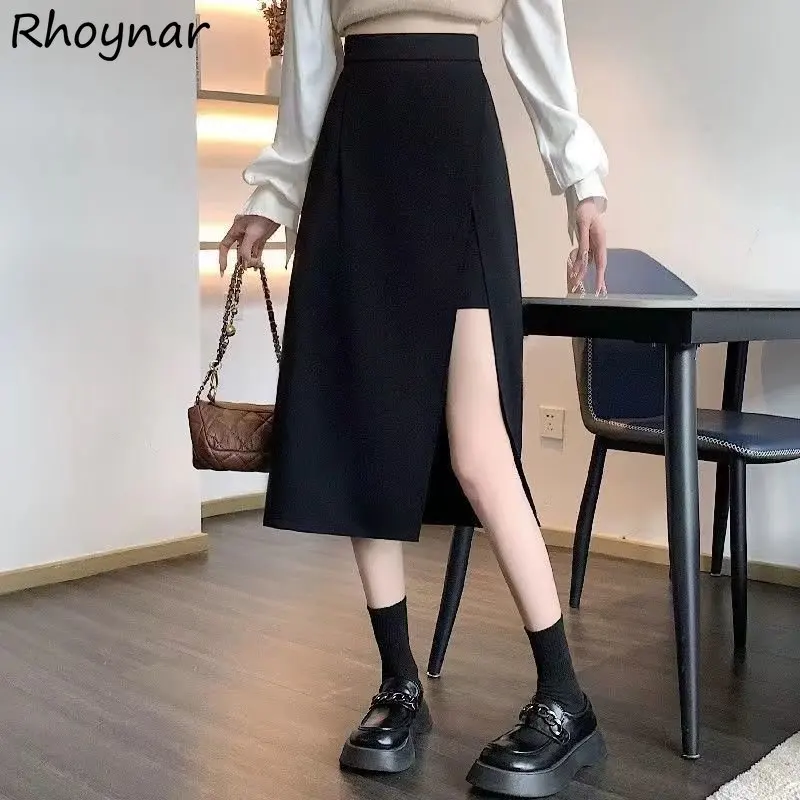 

XS-5XL Skirts Women Black Office Ladies Midi Elegant Slit Fashion High Waist Spring New All-match Korean Style A-line Casual Ins