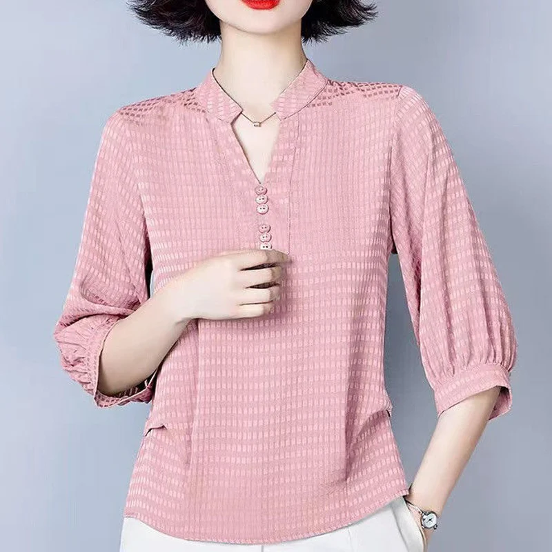 Summer New V-neck Fashion Long Sleeve Blouse Women Vintage Elegant Plaid Jacquard Weave Pullovers Button Patchwork All-match Top