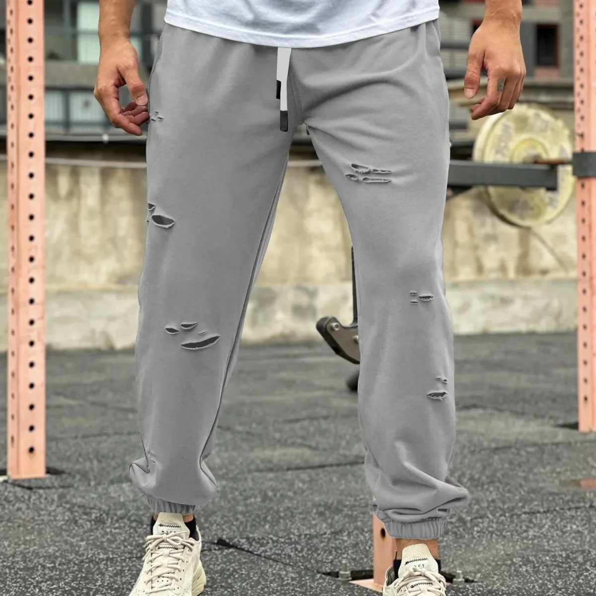 Mens Streetwear Casual Trend Cuffed Pants Jogging Drawstring Sweatpant Ripped Trousers Gym Fitness Sports Bottom Male Costume 6
