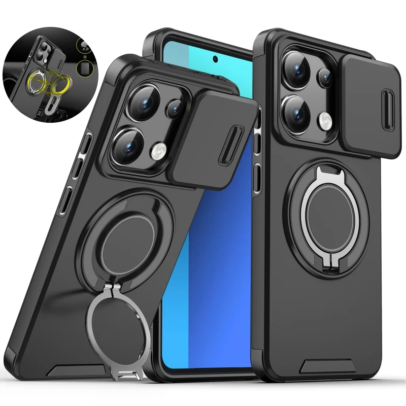 Slide Lens Protect Armor Phone Case with Magnetic Ring Holder