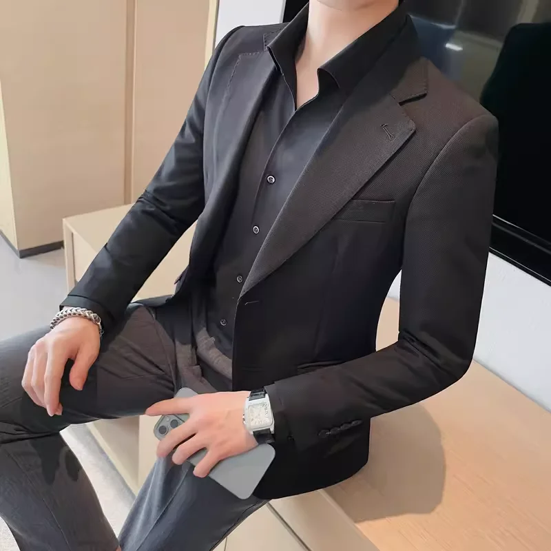 2024 High-quality stylish and handsome two-grain single-breasted suit jacket solid color business casual suit for men 2