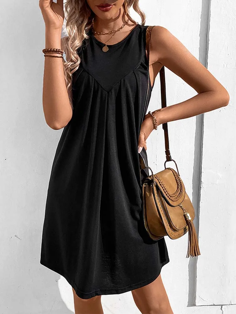 

2023 Summer Black Short Dress Women Casual Sleeveless Beach Dress Female A Line O Neck Mini Tshirt Dresses For Women
