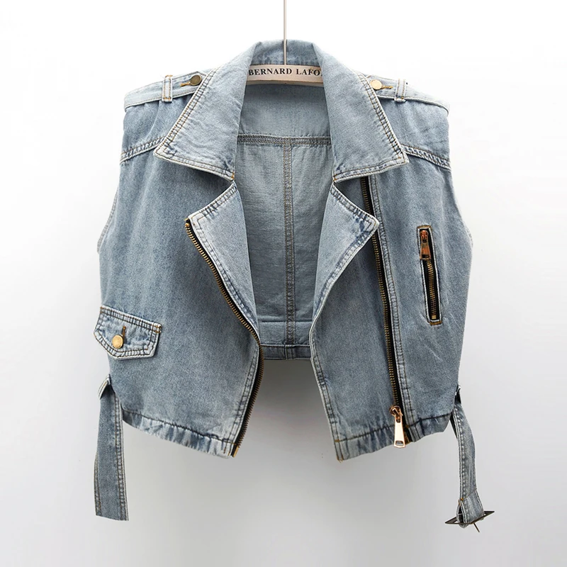 

Streetwear Moto & Biker Denim Vest Women Slim Short Waistcoat Casual Cowboy Sleeveless Jacket Zipper Hem Belt Jeans Vest Female
