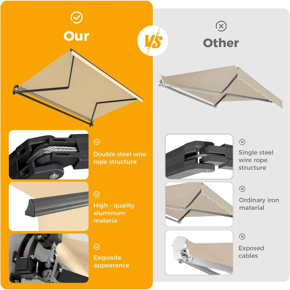 10'W x 8' H Retractable Awning for Patio, Manual Awnings, Sunshade Shelter Crank Handle, UV & Waterproof Polyester Cover and Al 2
