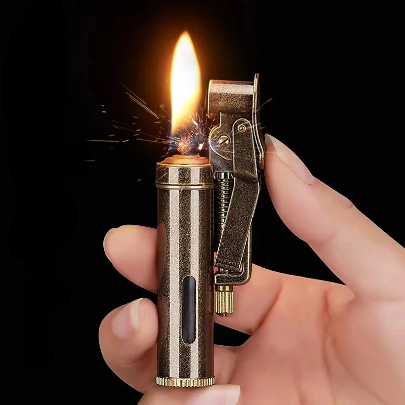

New Copper Kerosene Lighter Visual Oil Tank One Key Ignition Retro Nostalgic Grinding Wheel Smoking Gift Tool 2024
