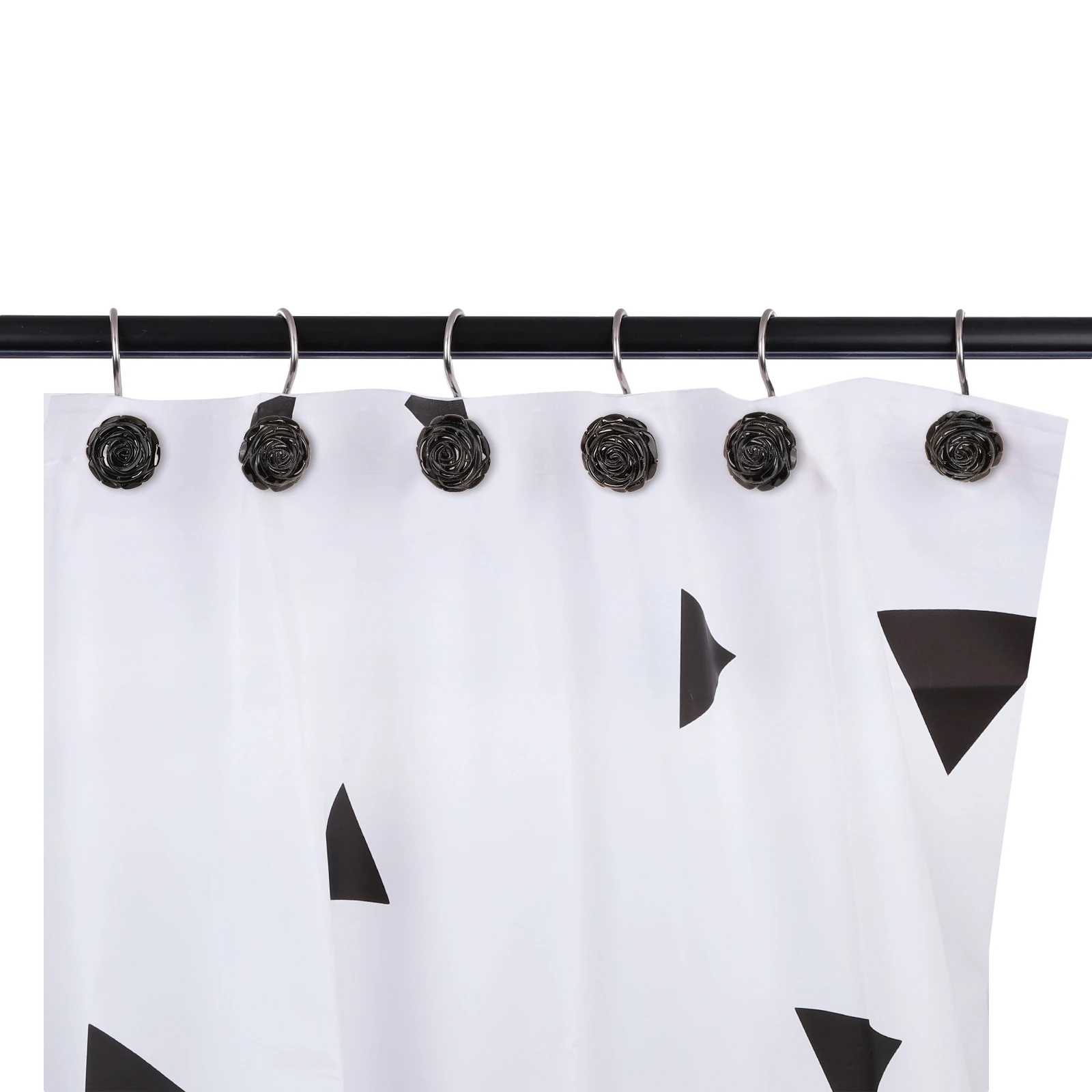 Black Obsidian Carved Rose Shower Curtain Hooks, Flower Shape Stainless Steel Shower Hooks For Bathroom Shower Rod Home Decor