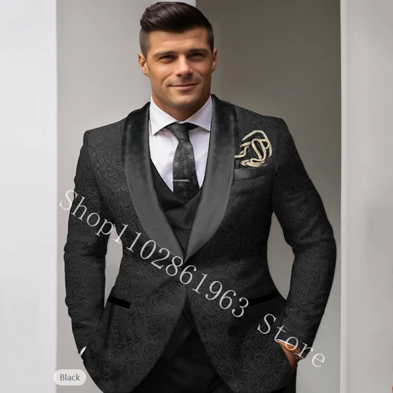 Burgundy Floral Wedding Groom Tuxedos 3 piece Slim fit Men Suits Formal Groomsmen Wedding Tuxedo Blazer+Vest+Pants Costume Homme