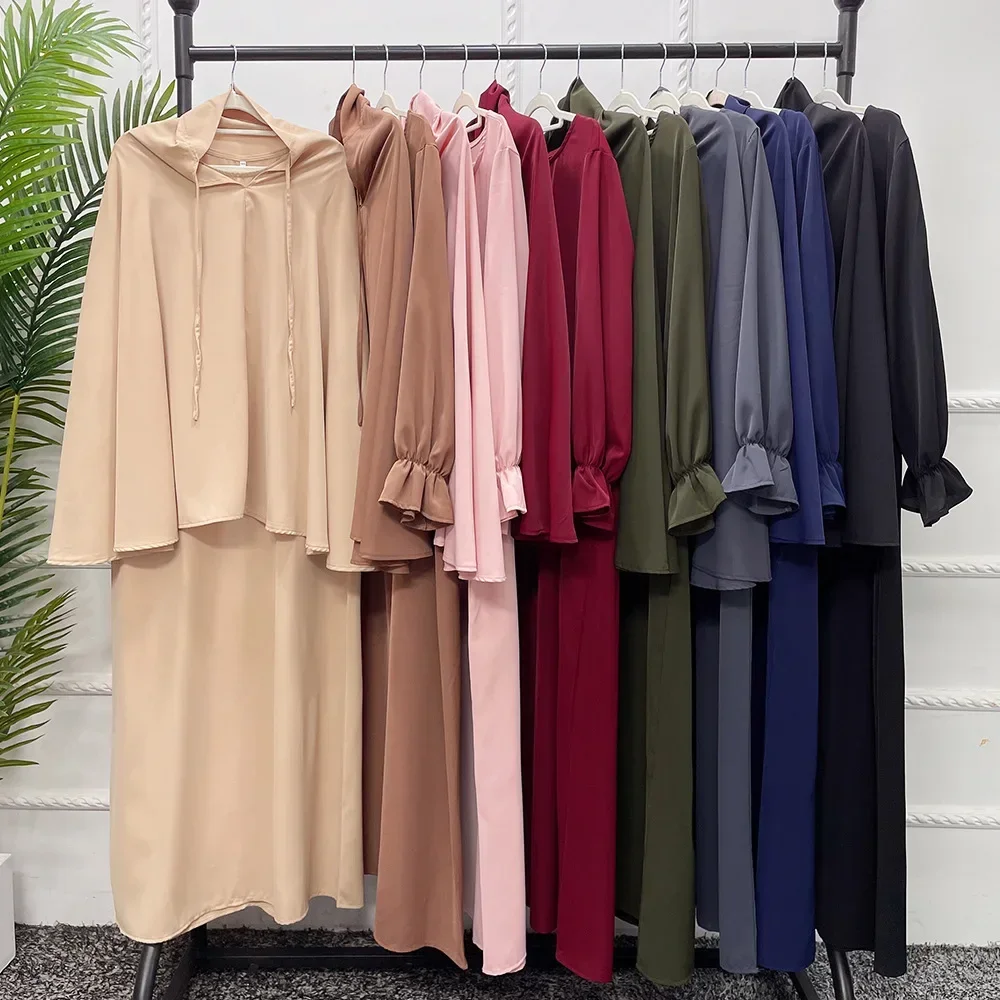 Ramadan Eid Hooded Abaya Jilbab 2 Piece Set Islamic Muslim Prayer Clothes Women Long Hijab Khimar Dress Set Dubai Outfit Burka