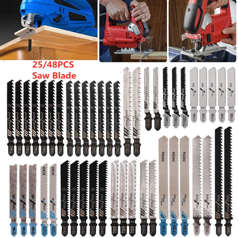 

25/48 Pcs/Set Jigsaw Blades T-Shank Jig Saw Blades Set Universal Jig Saw HCS/HSS Blade Assortment for Wood Plastic Metal Cutting