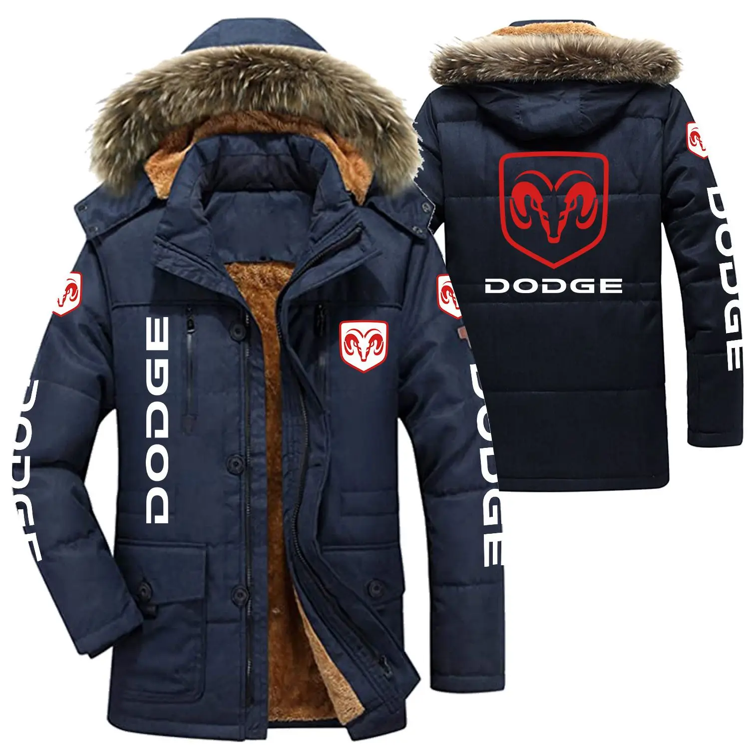 

DODGE Logo Men's Winter Cotton Jackets Hooded Parkas Lamb Fur Lining Plush Men Cold Thickening Fashion Motorcycle Jacket