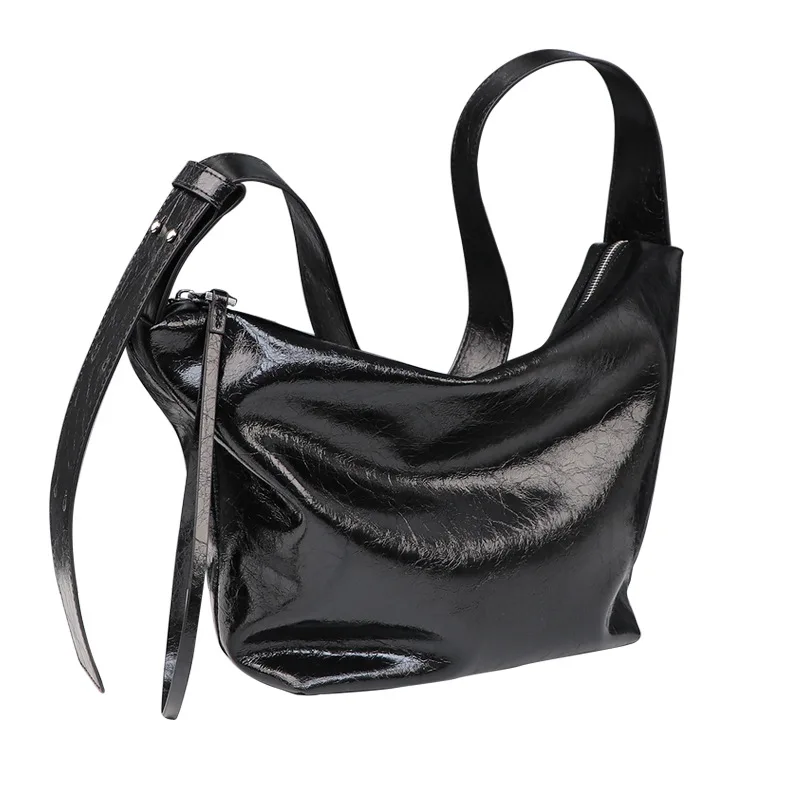 24 New miu style oil wax leather bag high -quality large -capacity pleated fold two layers of skin underarms bag