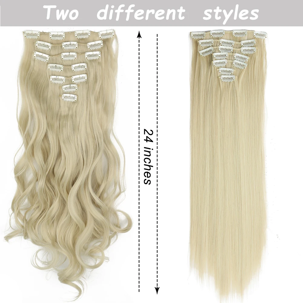 Extensions de cheveux synthétiques longues et lisses, 16 clips, 7 pièces/ensemble, postiches naturels blonds et noirs, résistants à la chaleur pour femmes_voghion.com