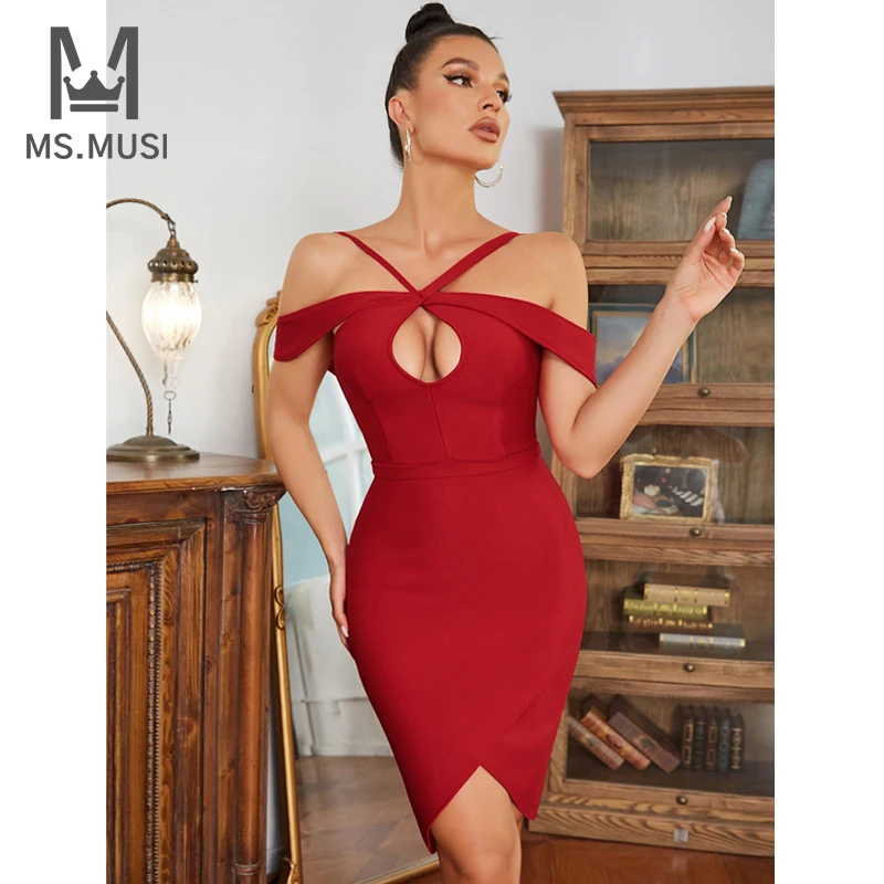 

MSMUSI 2022 New Fashion Women Sexy Red Halter Off The Shoulder Hollow Out Sleeveless Bandage Party Club Bodycon Event Mini Dress