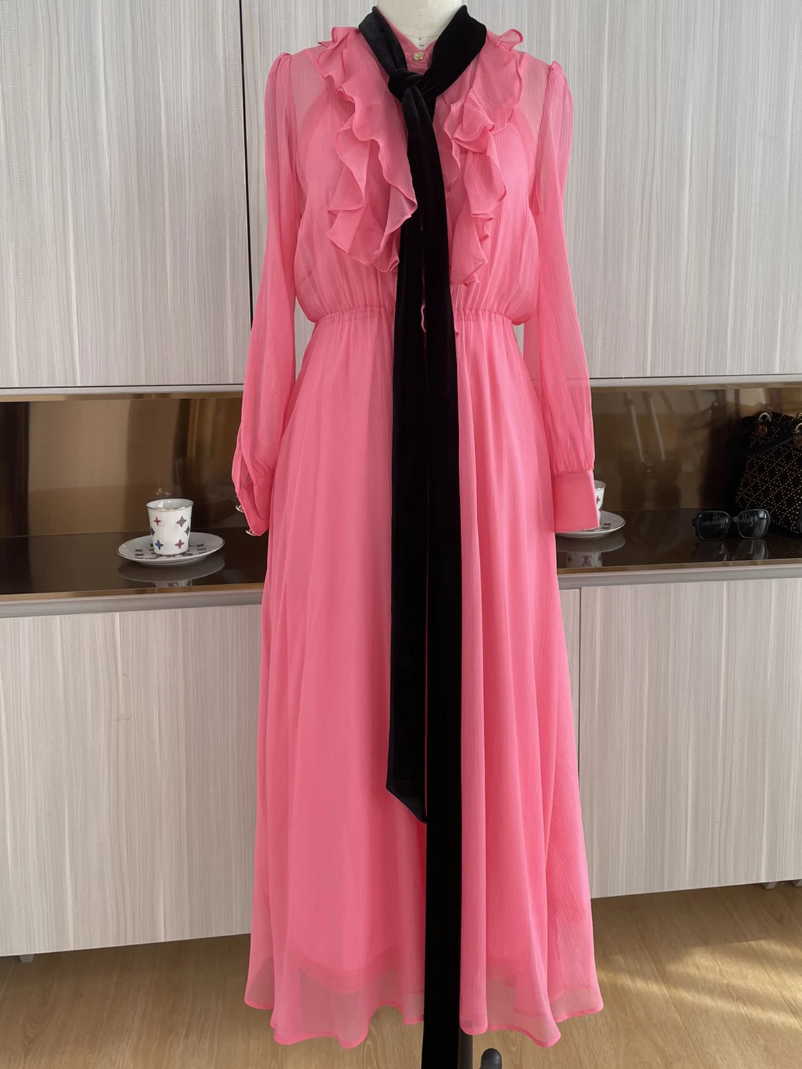 Real Silk Ruffle Pink Long Sleeve 2022 Runway Designer High Quality Chic Haute Couture Vintage Elegant European Women Dress