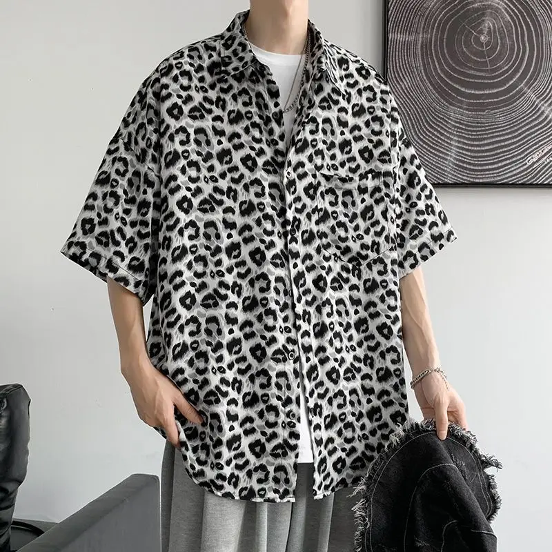 Fashion Casual Streetwear Korean Leopard Loose Button Handsome Shirts Spring Summer Thin Men's Clothing Turn-down Collar Tops