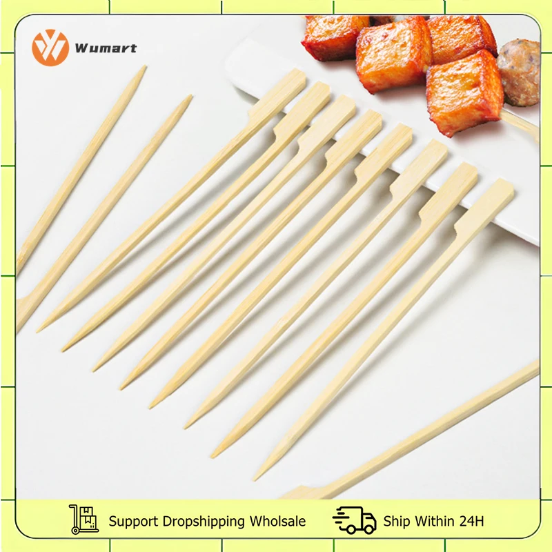 100Pcs Disposable Wood BBQ Skewers 9/12/15/18/20/25cm Barbecue Fruit Sticks Flat Paddle Picks Outdoor Party Buffet Kitchen Tools