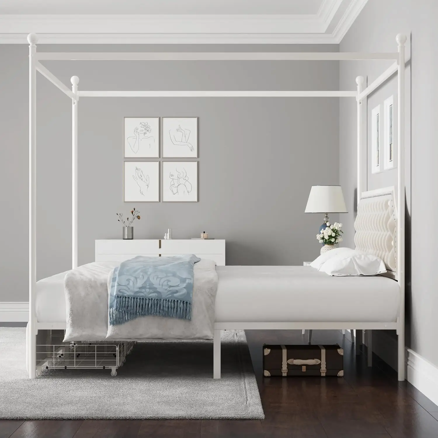 King Upholstered Canopy Bed Frame with 3 Drawers and Button Tufted Headboard, Metal Platform Bed with 4 Removable Posts