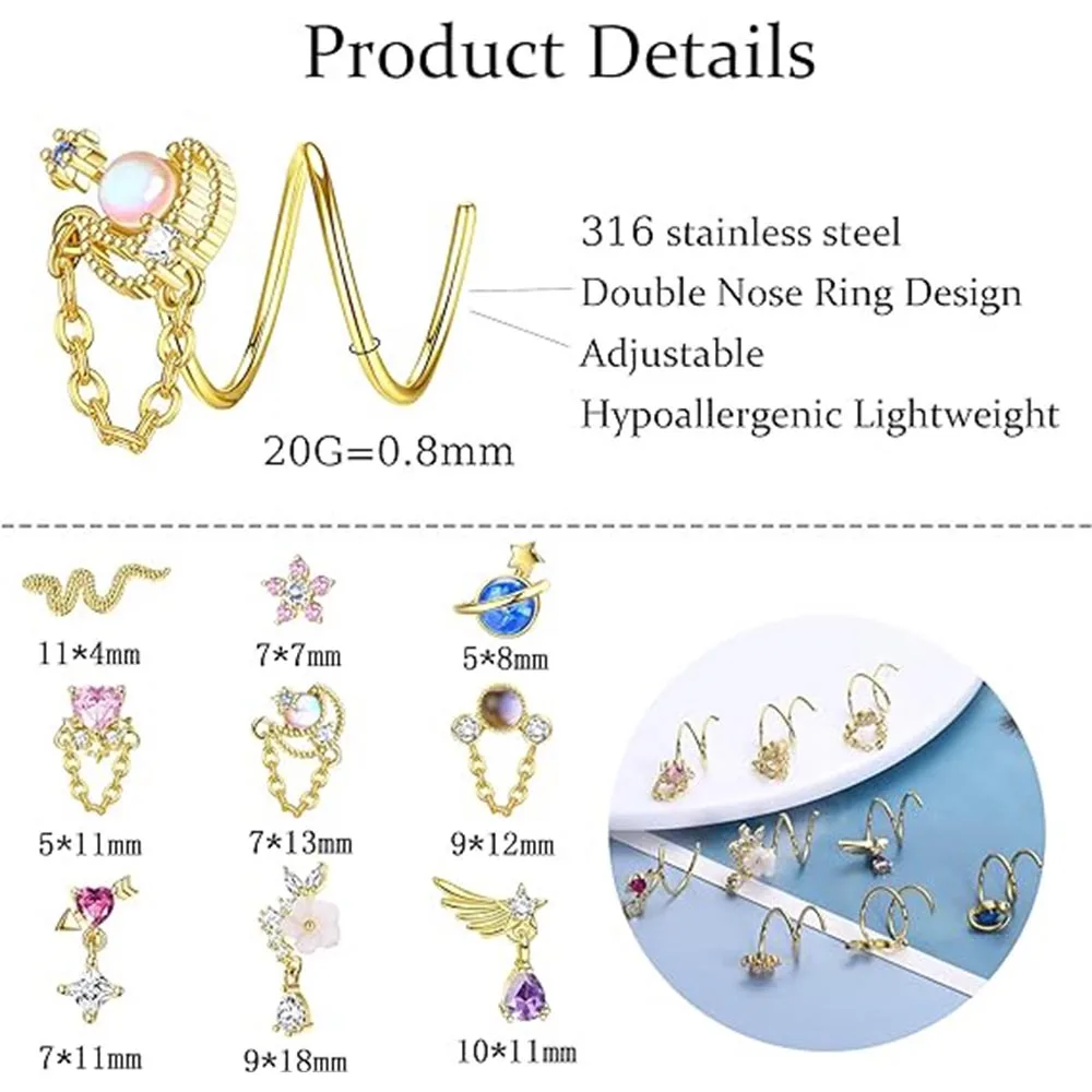 Drperfect 9Pcs Stainless Steel Dangle Double Nose Ring for Single Piercing Dangling Nose Spiral Hoops Double Earrings for Women
