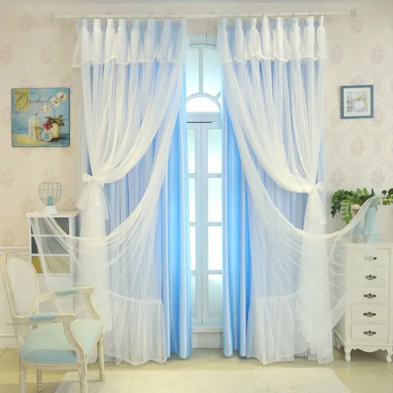 Simple Modern Solid Color Double-layer Curtain for Living Room Princess Style Semi Shade Curtain for Bedroom 4