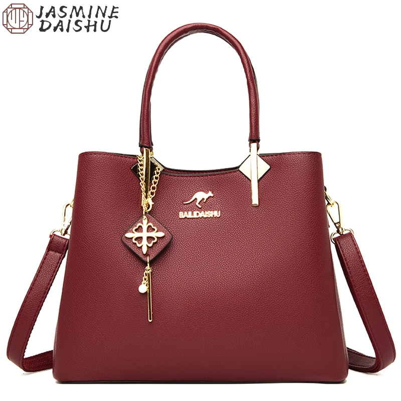 

Women's Soft PU Leather Shoulder Bags New Women's 3 Layer Large Capacity Tassel Tote Bag Fashion Pendant Simple Vintage Handbags