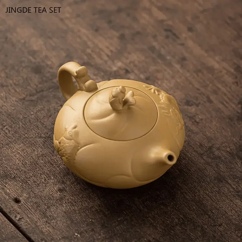 1PCS 260cc Yixing original ore yellow section purple clay teapot fish turning dragon master handmade biomimetic tea set