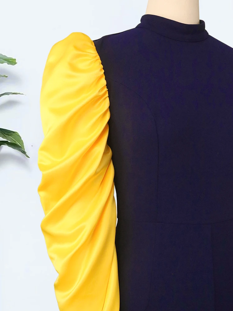 Patchwork Women Navy Blue Jumpsuits Yellow Pleated Long Sleeve High Waist Long Rompers Wide Leg Pants Overalls 4XL Big Size Fall