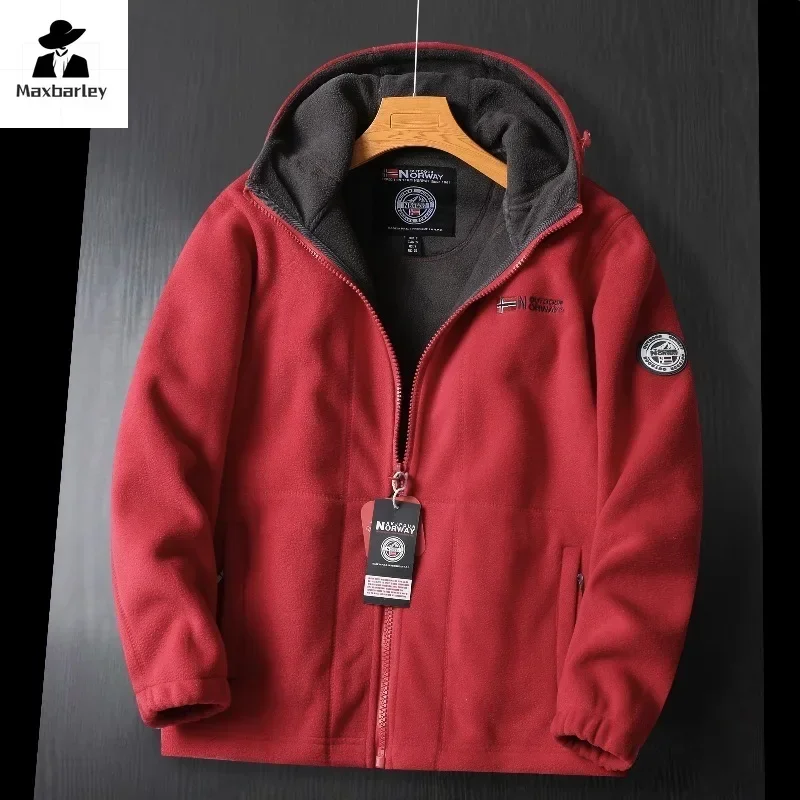 Men's Winter Wool Hooded Jacket: High-End Embroidered Thickened Fleece Windproof Coat for Snow and Cold-Proof Outdoor Wear