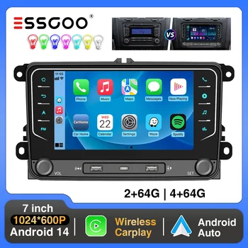 ESSGOO Radio de coche 7" Android 14 4+64G Carplay para VW Golf 5 6 Passat Caddy Tiguan Touran, Android Auto, Navegación GPS, WiFi, RDS, FM, BT, USB, SWC 1