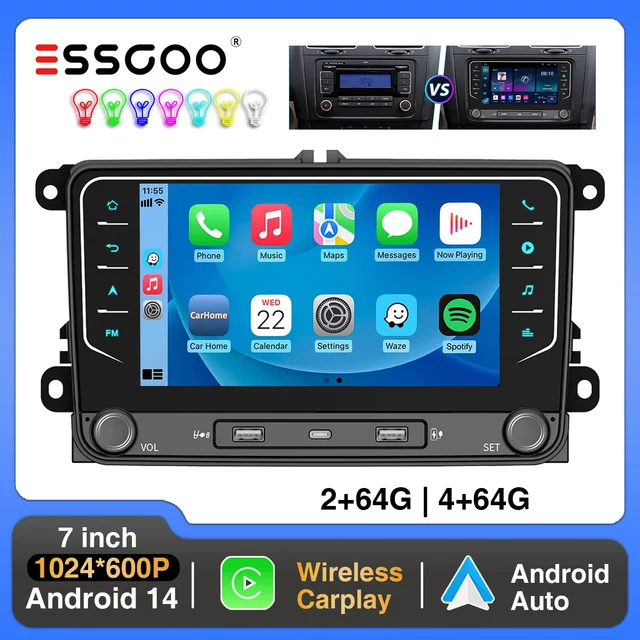 ESSGOO Autoradio 7" Android 14 4+64G Carplay pour VW Golf 5 6 Passat Caddy Tiguan Touran, Android Auto, Navigation GPS, WiFi, RDS, FM, BT, USB, SWC 1