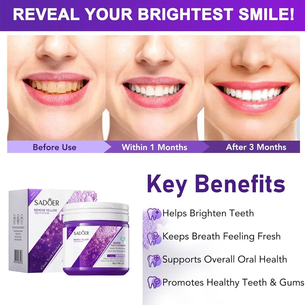 Polvere sbiancante per denti, rimuove macchie, nessuna sensibilità, polvere sbiancante per dentifricio lavabile con smalto per caffè, tè, cibo, vino, macchie - immagine 2