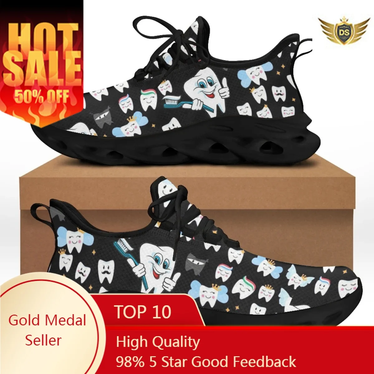 

Cute Cartoon Tooth Pattern Women Flats Chunky Sneakers Dentist Mesh Ladies Shoes Light Casual Summer Zapatillas Hombre