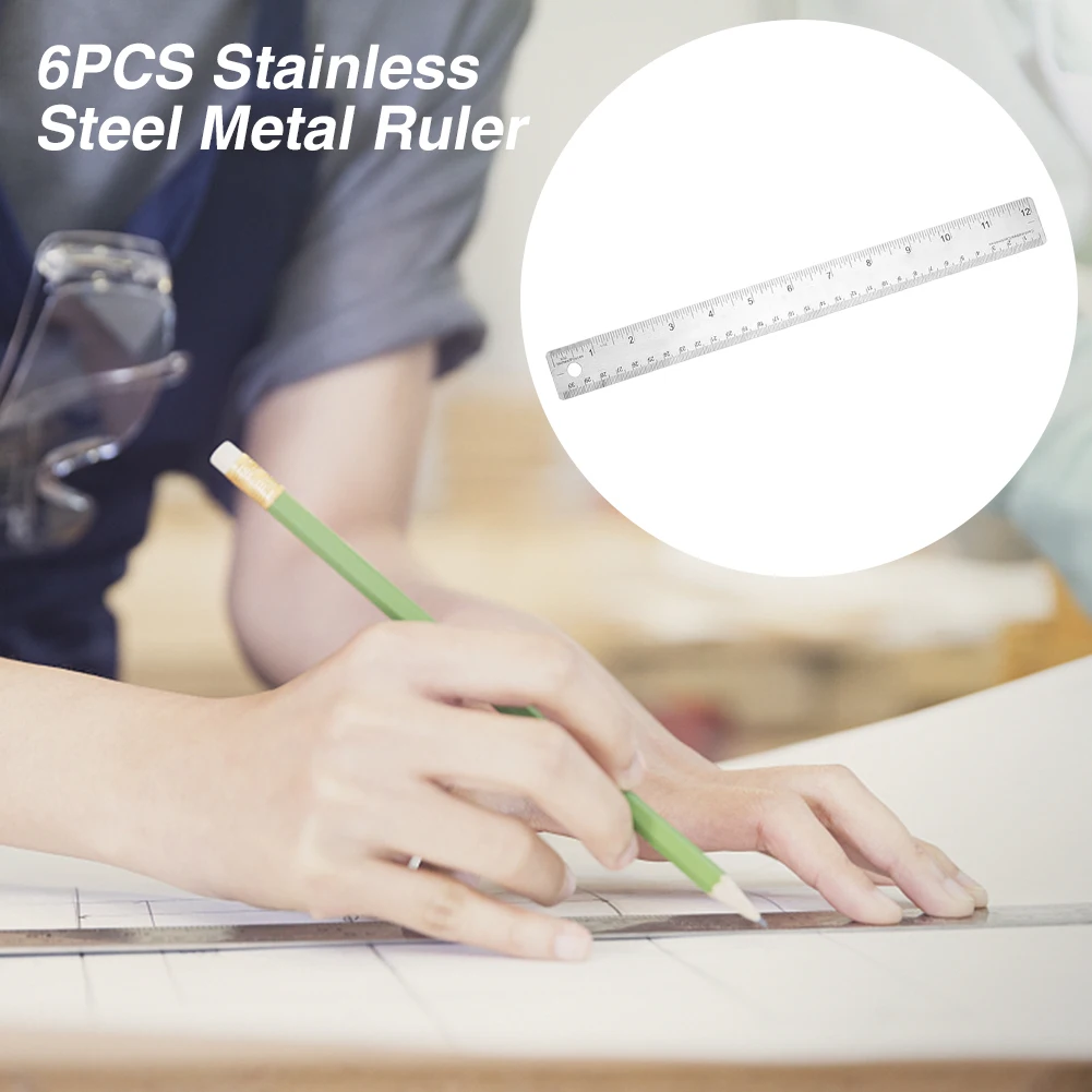 6pcs Metal Ruler Stainless Steel Measuring Straight Edge Non Slip Student Shatter Resistant Office Supplies 12 Inch 