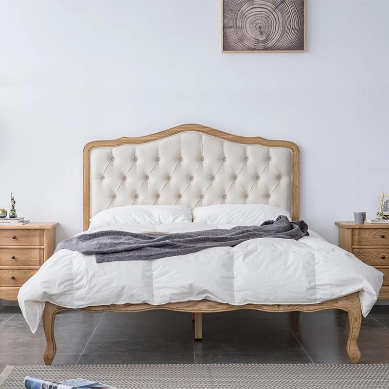 

Ретро однотонная дубовая Французская ткань в европейском стиле, односпальная и двухместная красная сетчатая кровать