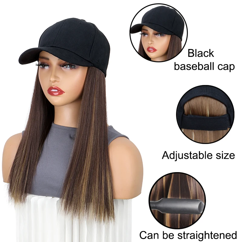 18Inch Synthetic Baseball Cap Wig With Black Hat Long Straight Hair Wigs for Women Connect One Piece  Adjustable