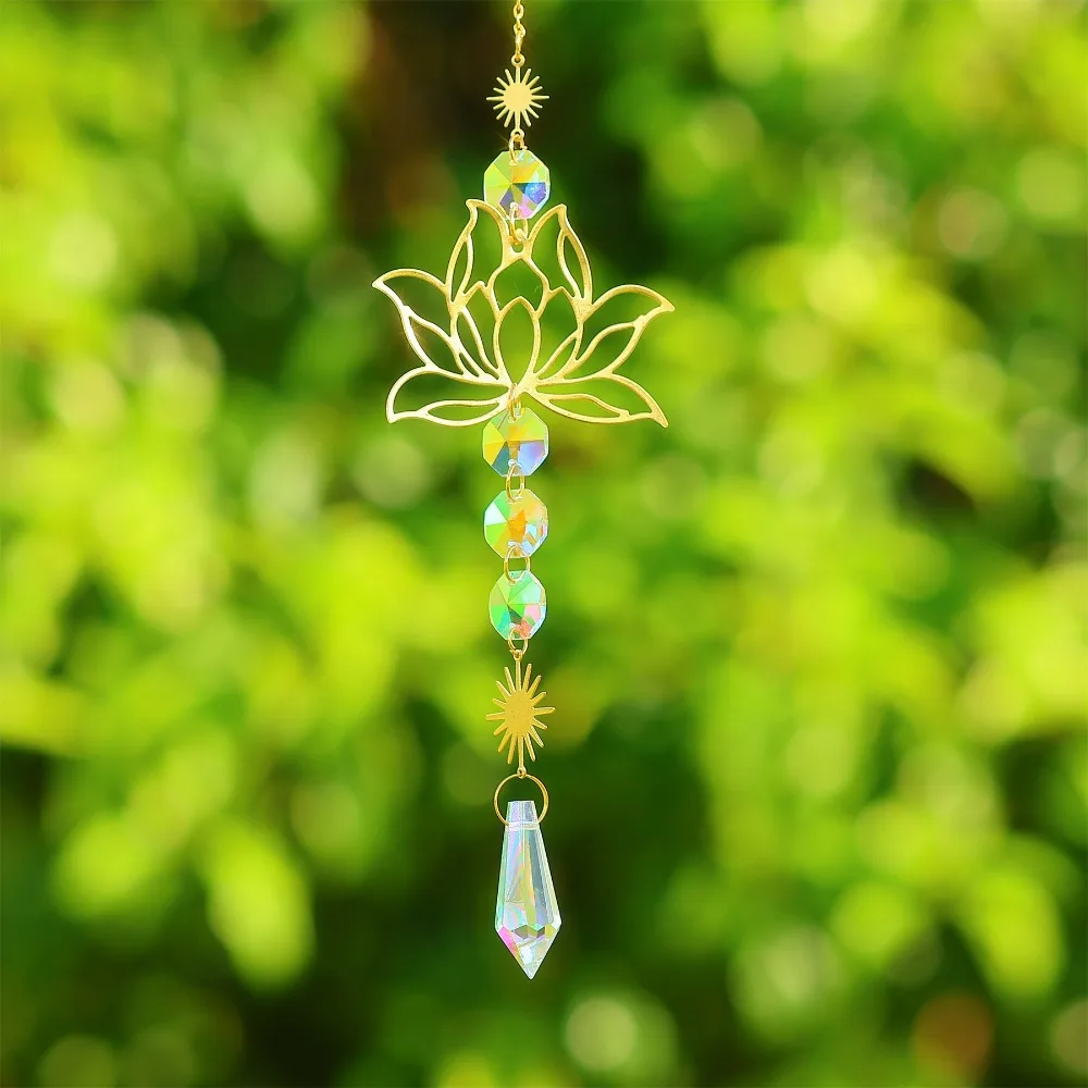 Golden Lotus Suncatcher Home Garden Decor Colorful Gardening Crafts Gift Hanging Ornament Water Drop Pendant sun catcher sun catchers