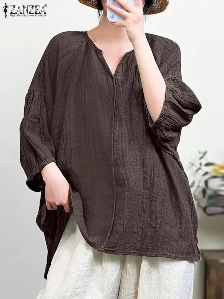 

ZANZEA Autumn Casual Solid Blouse Woman V Neck Puff Sleeve Shirt Female Fashion Pleated Tunic Tops Bohemian Holiday Blusas 2023