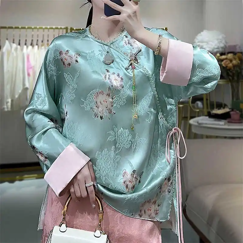 

High Quality Chinese Style Top Women's Spring/Summer O-Neck Contrast Cuffs Retro Silk Jacquard Spliced Lace Up Loose Shirt S-XXL