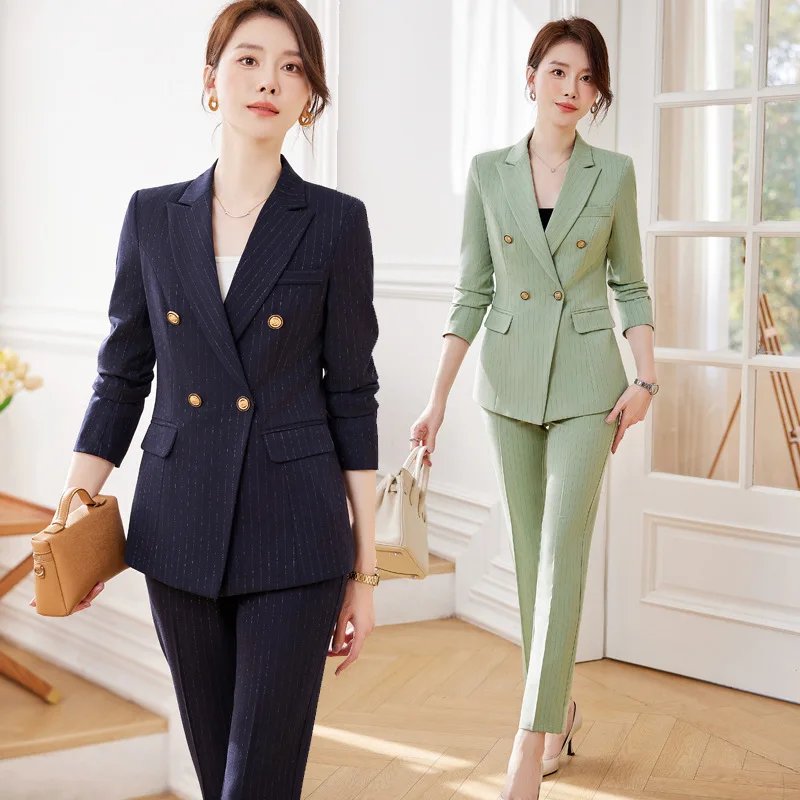 

Navy Blue Striped Suit Women's Spring Wear Business Wear Temperament Goddess Style Jewelry Store Manager Work Clothes High-End