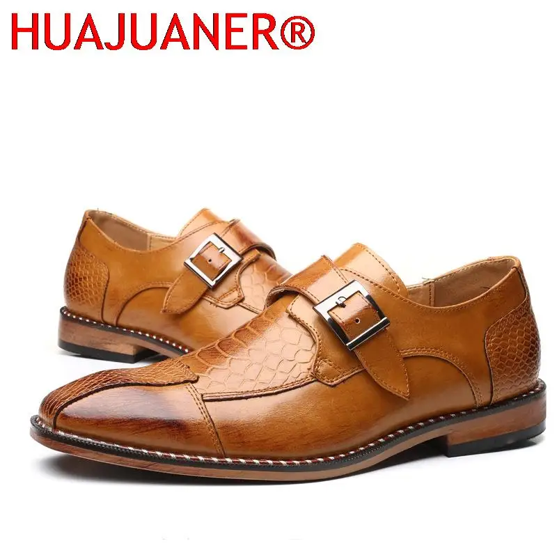 

Men's Casual Business Shoes Snakeskin Grain Leather Mens Buckle Square Toe Dress Office Flats Men Fashion Wedding Party Oxfords