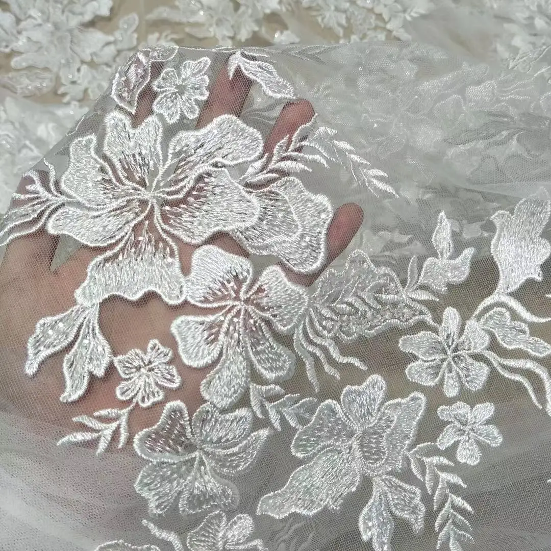 

Ткань для свадебного платья цвета слоновой кости, аксессуары, кружевной вискозный материал с блестками, ширина 2023 см, новинка, 130