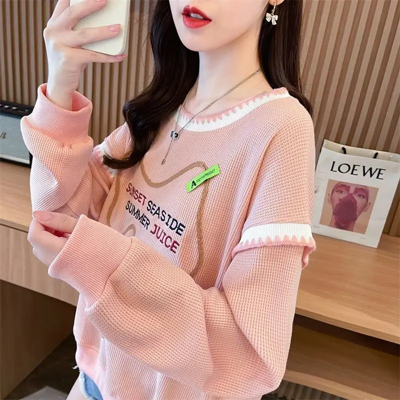 Women Korean Fashion Letter Embroidery Chic Sweet Kawaii Sweatshirts Casual Streetwear O Neck Long Sleeve Loose Pullover Tops